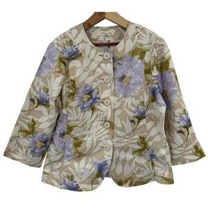 Coldwater Creek Brushed Floral Jacket Size 16 Cotton Tan Purple Spring NEW